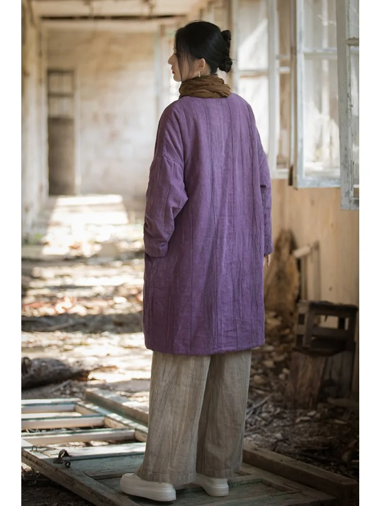 Autumn Winter Cotton Linen Coat Women's Warm Retro Harajuku Button Warm Cotton Padded Jacket Design Long Robe Parka Mujer