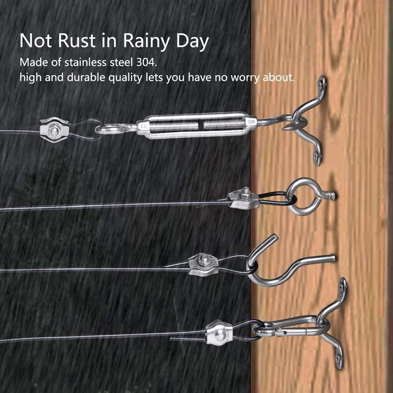 Outdoor String Light Hanging Kit, 200 Ft. Stainless Steel (304) Hanging Rope Cable, Black Vinyl Coating, Swivel Buckle