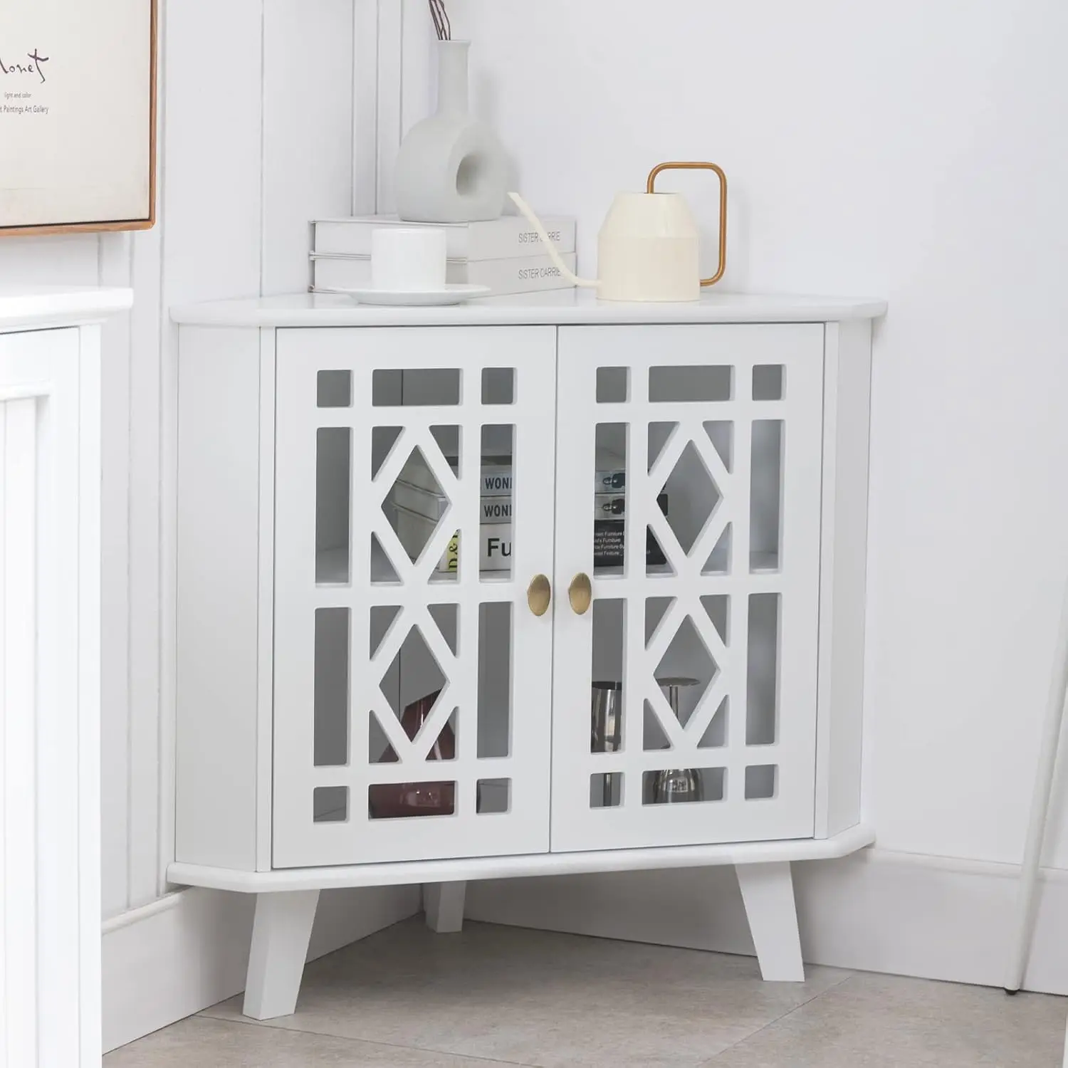 White Corner Storage Cabinet with Doors, 32" Space-Saving Table for Bathroom Bedroom Living Room, Customized