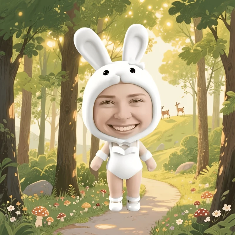1pc - Customized Throw Pillow, Human Figure Cushion with Soft White Bunny Ear Hood Design. Upload Your Photo to Customize the Fa