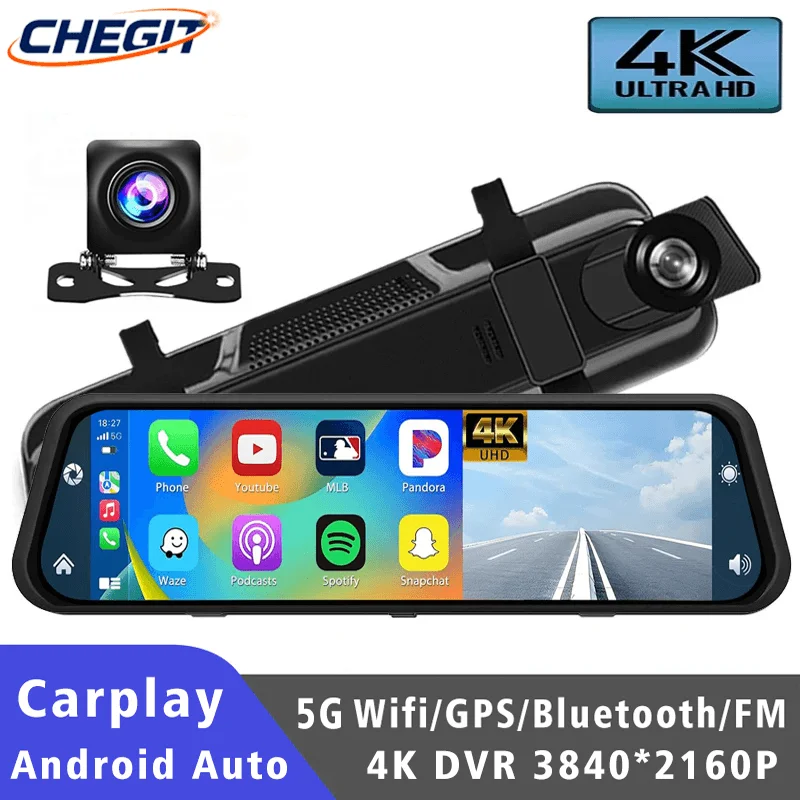 

4K Front and Rear Camera 10inch RearView Mirror Wireless Carplay Android Auto WIFI APP Car Dvr Dash Cam for Cars Video recorder