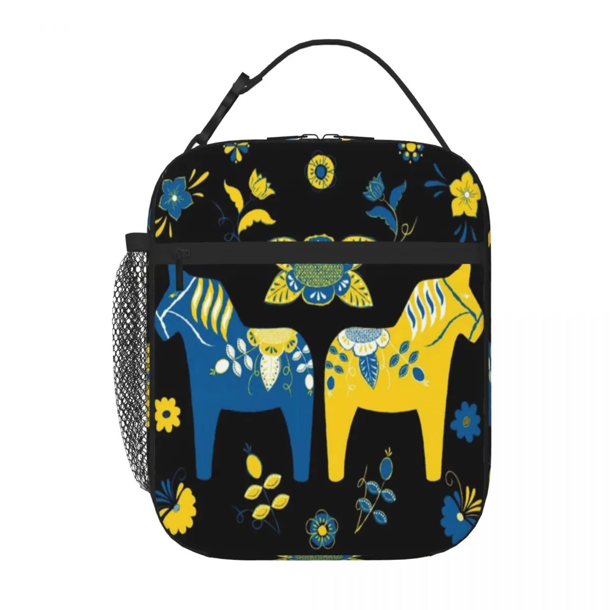 Bestselling Folk Art - Swedish Dala Horses - Blue Yellow Patchwork School Lunch Bag Playground Snack Kids Lunch Bag