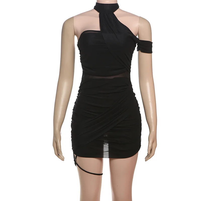 ผู้หญิง SHEER ตาข่าย Ruched Bodycon มินิเดรสเซ็กซี่ Halter Backless ปิดไหล่ Hipster PARTY Clubwear ชุด