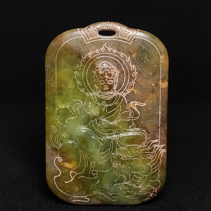 YIZHU CULTUER ART Size 9×6×0.9cm Chinese Hongshan Culture Old Jade carved Dragon Avalokitesvara Statue Pendant