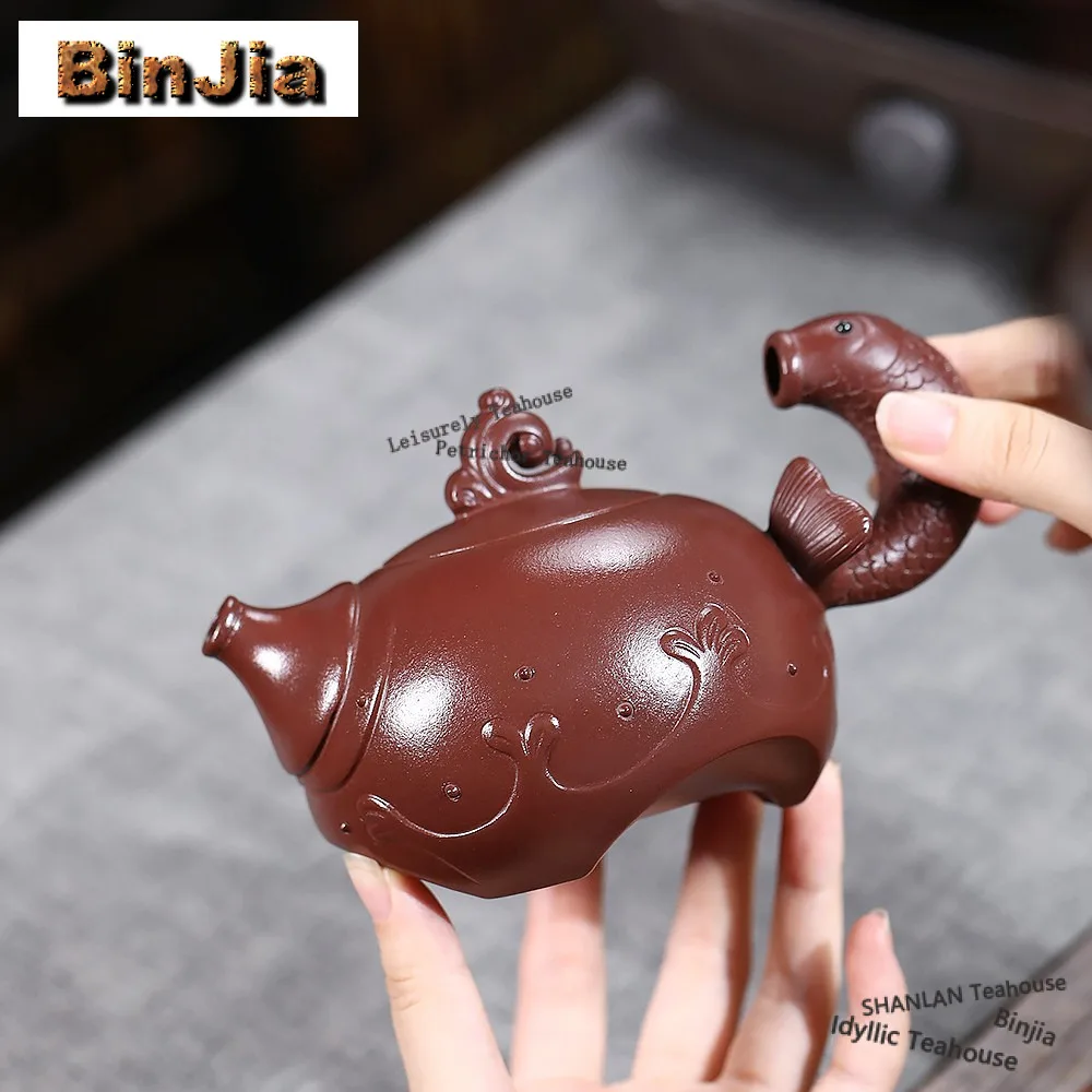 330ml Yixing Purple Clay Teapots Handmade Fish Leaps Over Waves Tip Pot Raw Ore Purple Mud Kettle with Strainer Zisha Tea Set