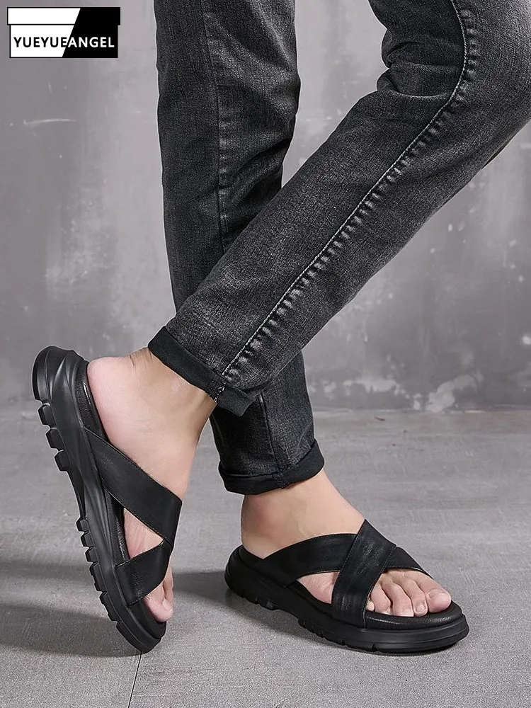 Summer Mens Casual Cross Strap Thick Platform Slippers Breathable Cowhide Genuine Leather Slides Slip On Comfortable Beach Shoes