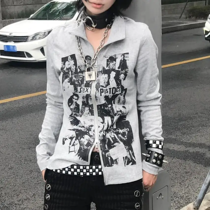 Winter Women\'s Hip hop Vintage 90s Punk Grunge Graphic Hooded Zip-up Fashion High Street Gothic Zipper Coat Slim Polo Sweatshirt