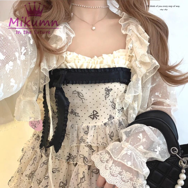 Mikumn Harajuku Y2k Kawaii Pink Lace Shirts Japanese Lolita Style Short Cardigan Women Sweet Mesh Ruffles Lace-up Cute Crop Tops