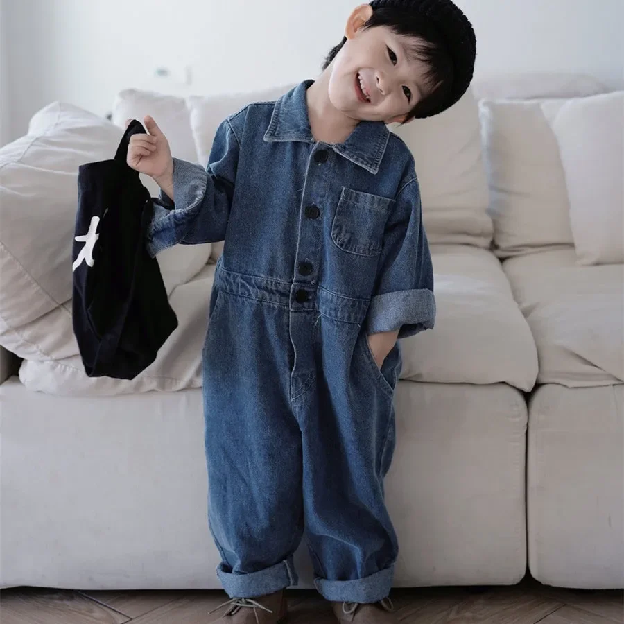 2024 Autumn Kids Baby Denim Romper Fashion Turn-Down Collar Long Sleeve Jumpsuit Boy Clothes Toddler Girls One-piece Onesie