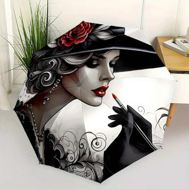 

Elegant Woman & Floral Design Automatic Open/Close Umbrella - 8-Rib, Windproof & Durable, Compact Foldable with Stylish Monoch