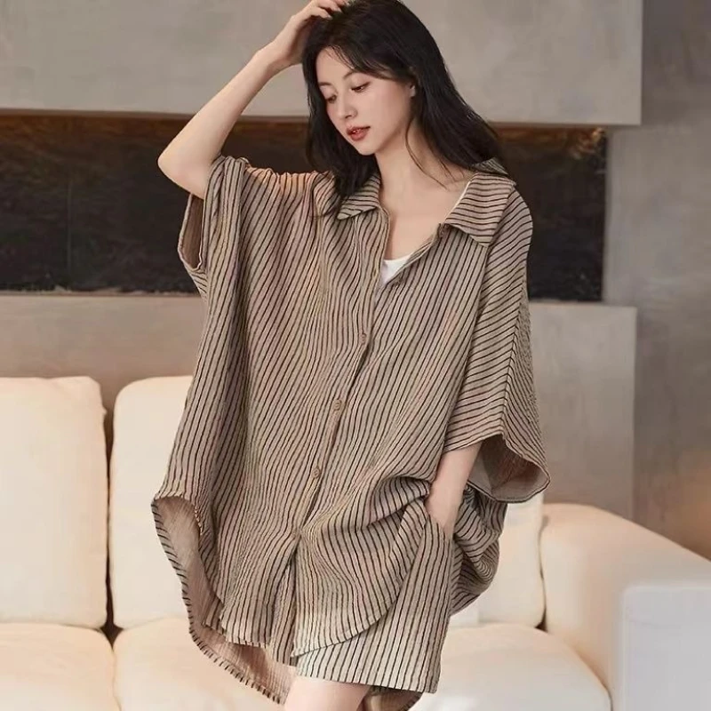 

Korean Style Pajama Sets Women's Summer Short-sleeved Mid-style Shirt Two-piece Thin Shorts Casual Pajamas Set Woman Sleepwear