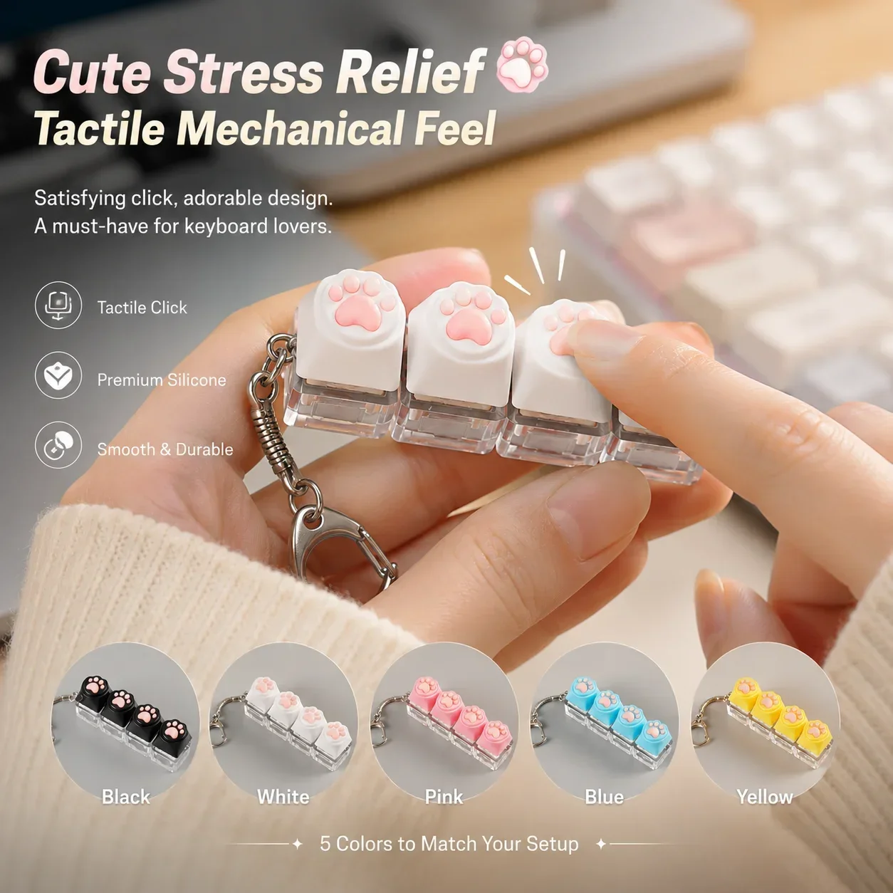 Luminous LED Fidget toy pressure relief button, used to relieve anxiety, silicone cat paw keyboard style clicker keychain