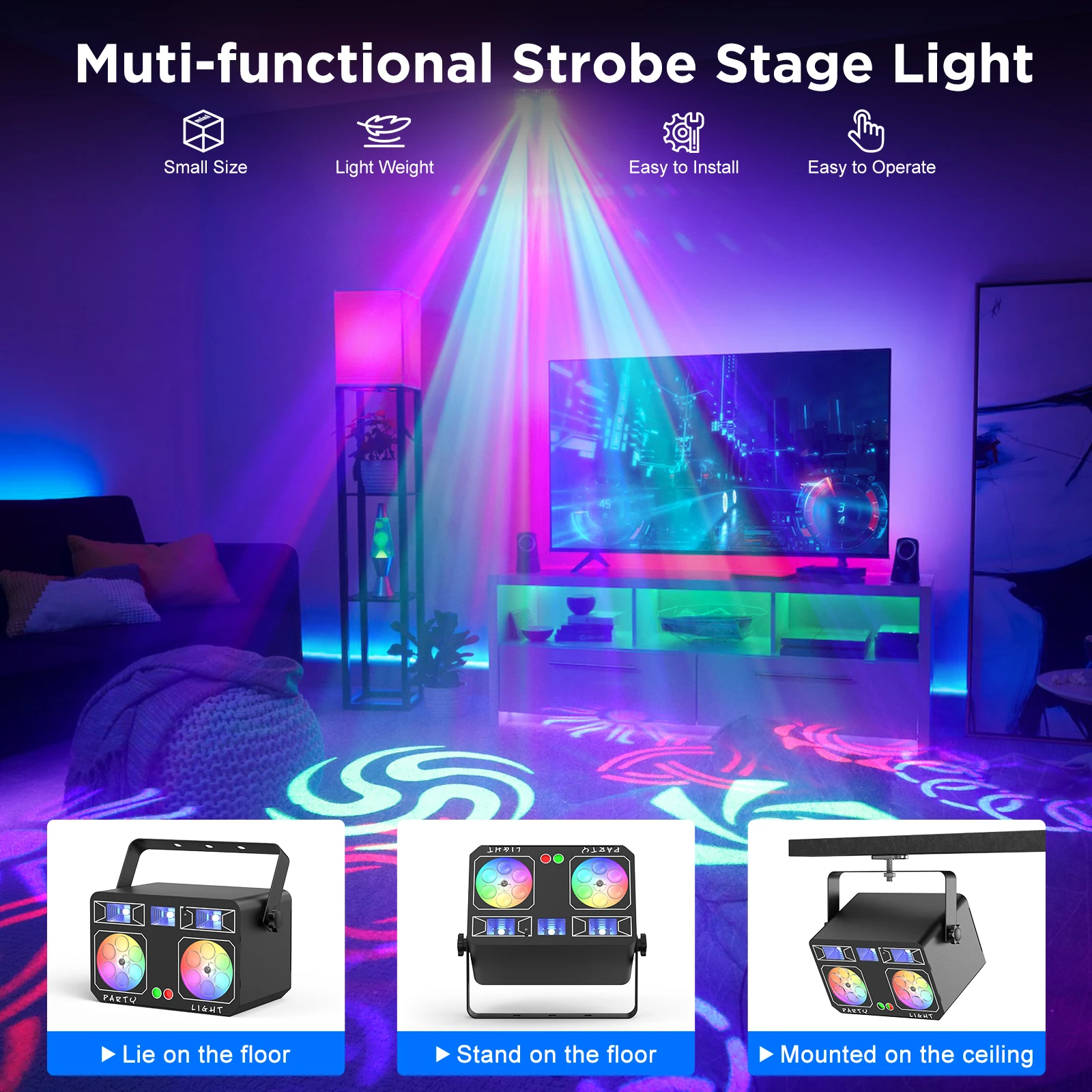 U'King LED-feestlicht met draaibaar patroon 5IN1 gemengd effect podiumlicht UV / witte DJ-stroboscooplichten voor disco DJ-lichtbruiloft