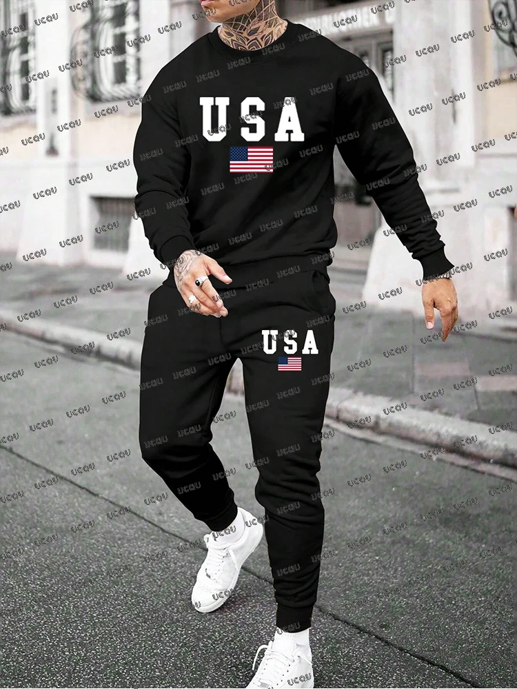 

USA Letter Printed Men Tracksuit Suit Autumn Winter Hoodies Pants 2 Pieces Set Casual Suit Oversized Streetwear Male Clothing