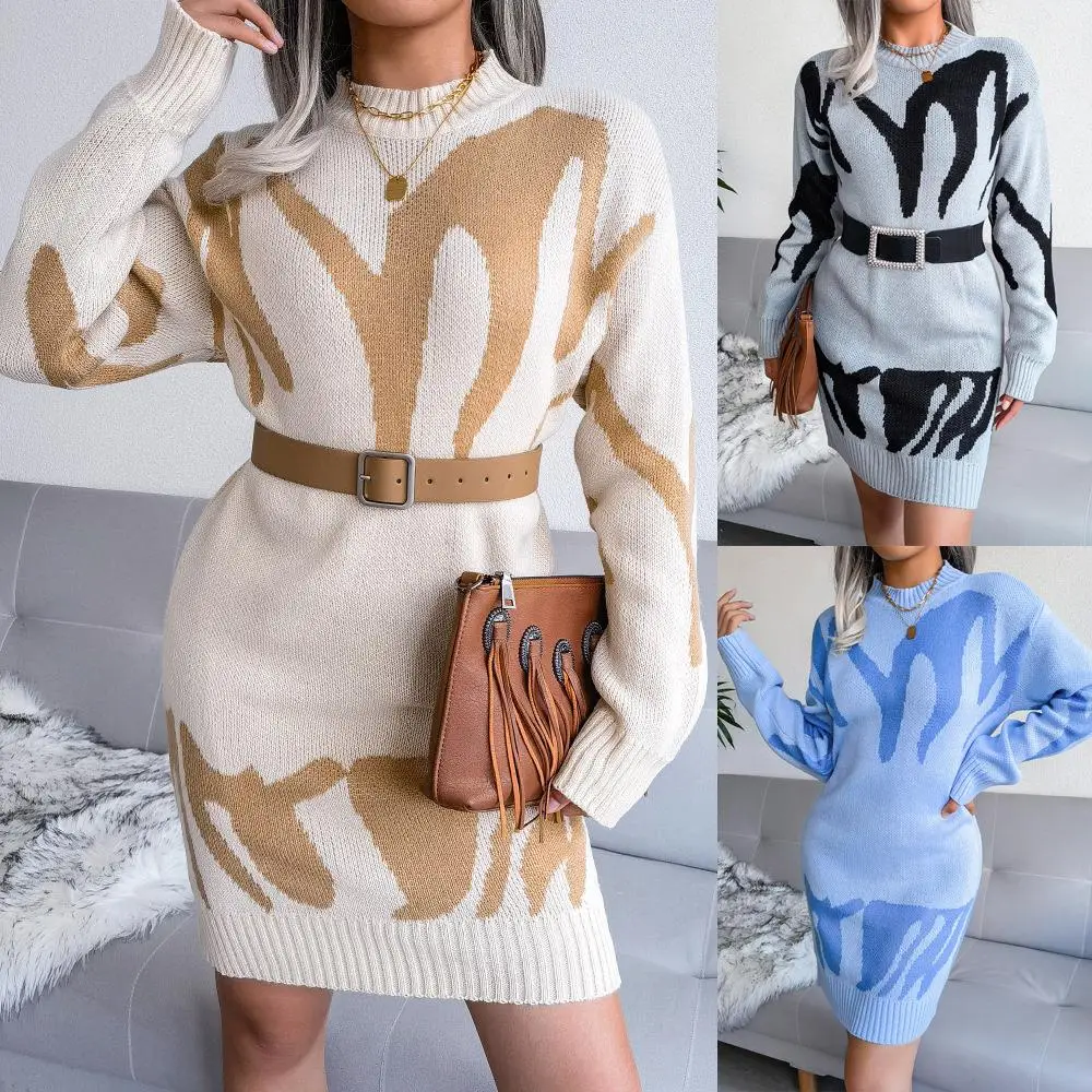 

Y2K Sle Geometric Pattern Knitted Dr Autumn Winter Long Sve Women's Clothing Independent Station Cross-Border Faion