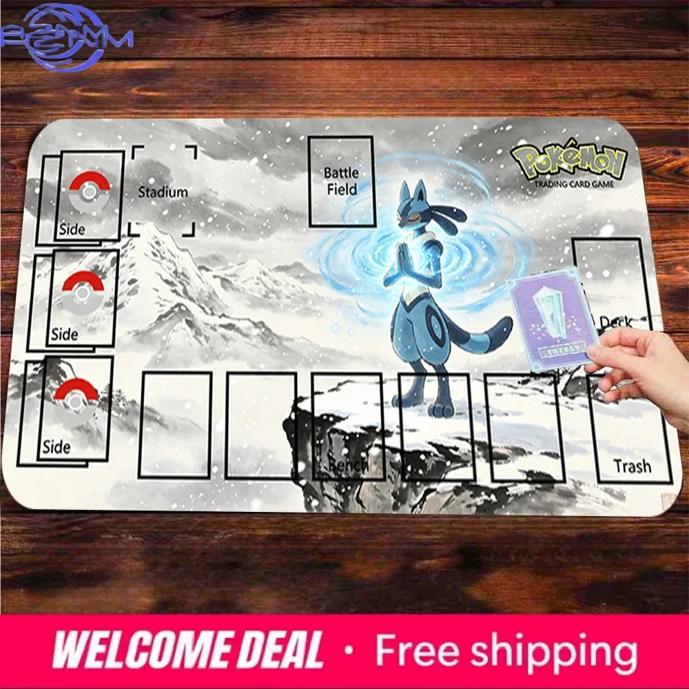 Ink Wash Mountain Lucario TCG Mouse Pad, Waterproof Non-Slip Pokemon Trading Card Game Play Mat With Card Zones