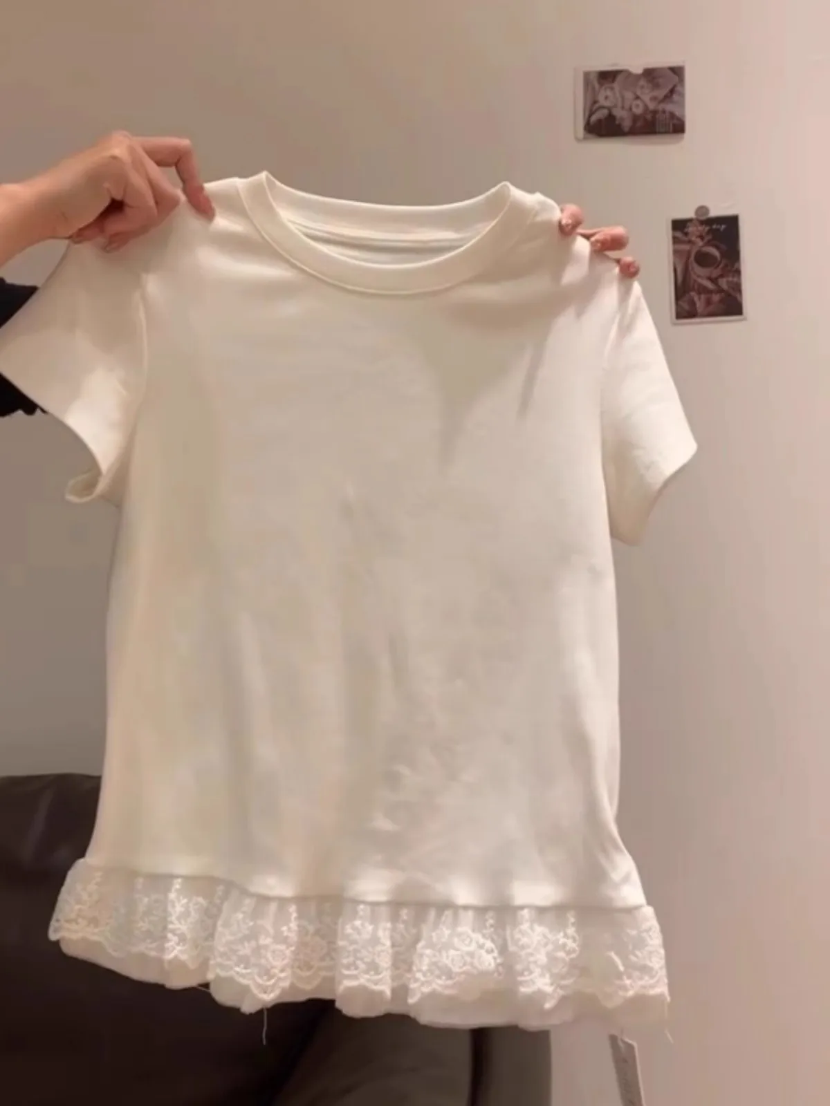 plus Size Women's T-Shirt Ballet Style White Lace Hem Short Sleeve Regular Length Summer Versatile Shoulder Level Top