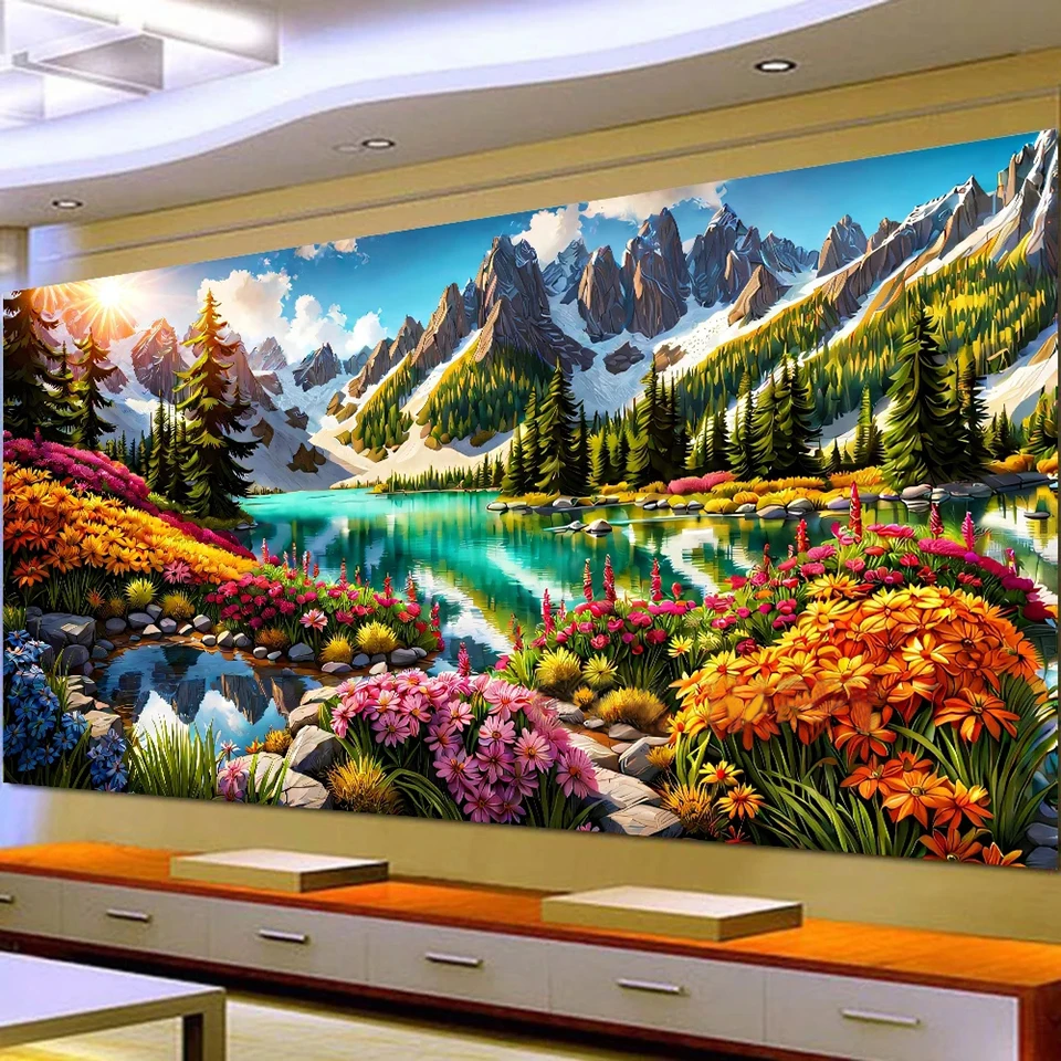 5D DIY Large Diamond Painting Cross Mountain River Forest Landscape Wall Art, Full Round Drill, Embroidery Home Decor WE1925