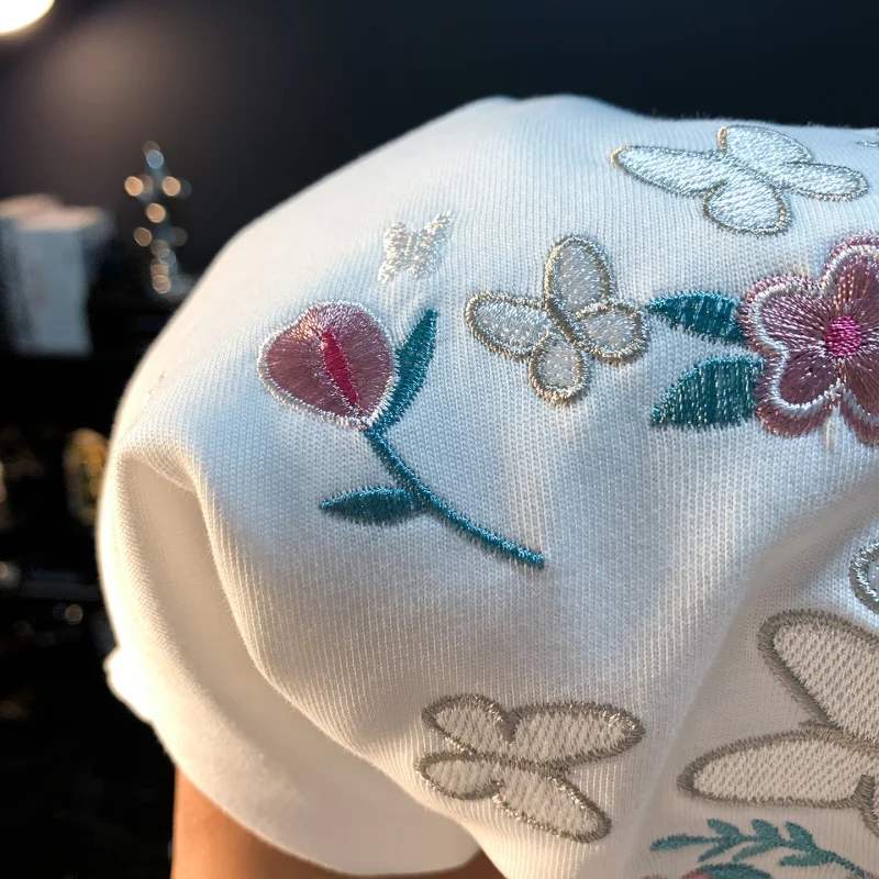 2025年夏 メンズ向け 中華風花蝶刺繍半袖Tシャツ、新作トレンドブランドゆったり万能トップス