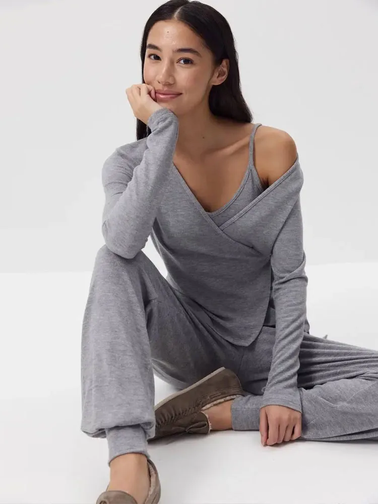 

Повседневный комплект из 3 предметов BKQU: женский спортивный костюм, серый кардиган с длинными рукавами на завязках + жилет + брюки с высокой талией, весна 2026, домашняя одежда