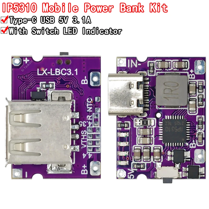 Tipo-C USB 5V 3.1A Boost Converter Step-Up Power Module IP5310 Mobile Power Bank Acessórios com interruptor LED Indicador