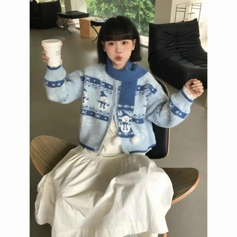 2025 Fair Isle Sweter Natal Kardigan Manusia Salju Mantel Rajut Atasan Baru Malas untuk Wanita Mungil Mode Musim Gugur Musim Dingin