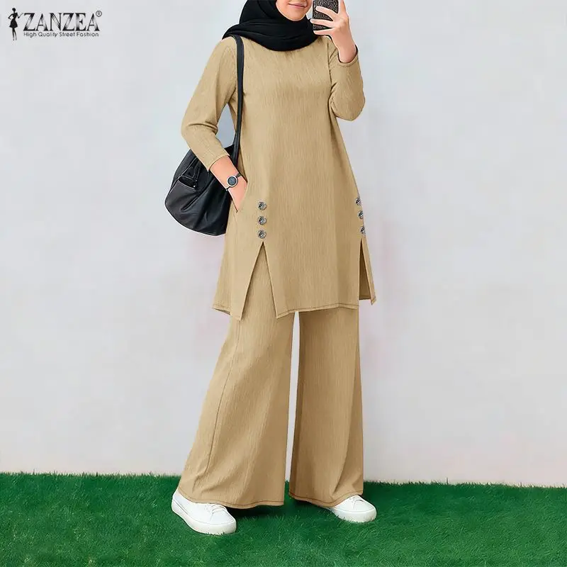Ramadan Outfit 2026 ZANZEA Fashion Muslim Suit Women 2 Piece Sets Full Sleeve Long Tops Wide Leg Pant Sets Dubai Hijab Tracksuit