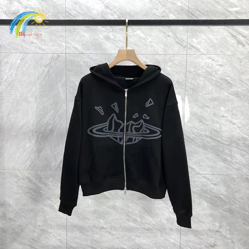 

24FW Casual Fashion Foam Logo Print Broken Planet Zipper Hoodie Men Women Black Gray Loose High Quality Coat With Tags