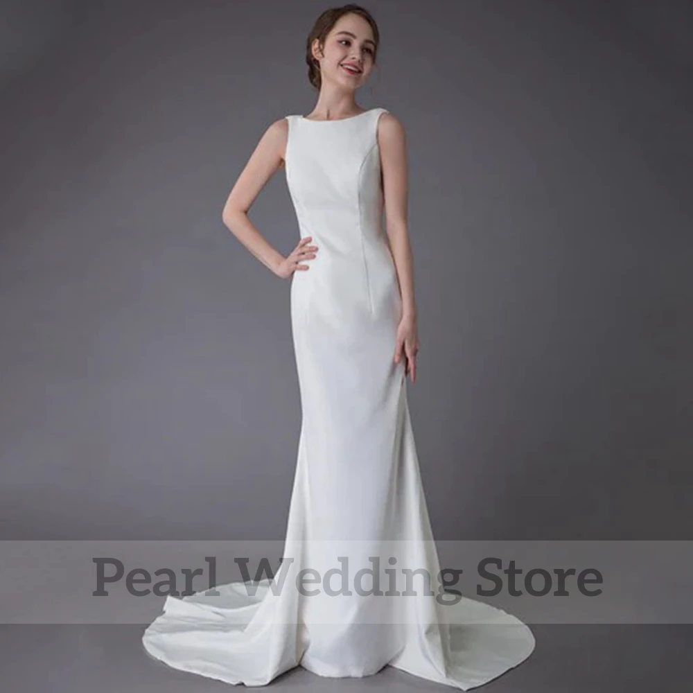 Classic Scoop Neck Sleeveless Wedding Dress Straight Mermaid Floor Length with Sweep Train Sexy Open Back with Buttons Gowns