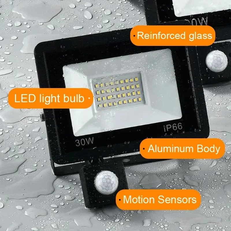 LED PIR Motion Sensor Floodlight, lâmpada impermeável, jardim ao ar livre, holofotes de rua, parede ao ar livre, 100W, 50W, 30W, 20W, AC 220V, IP66