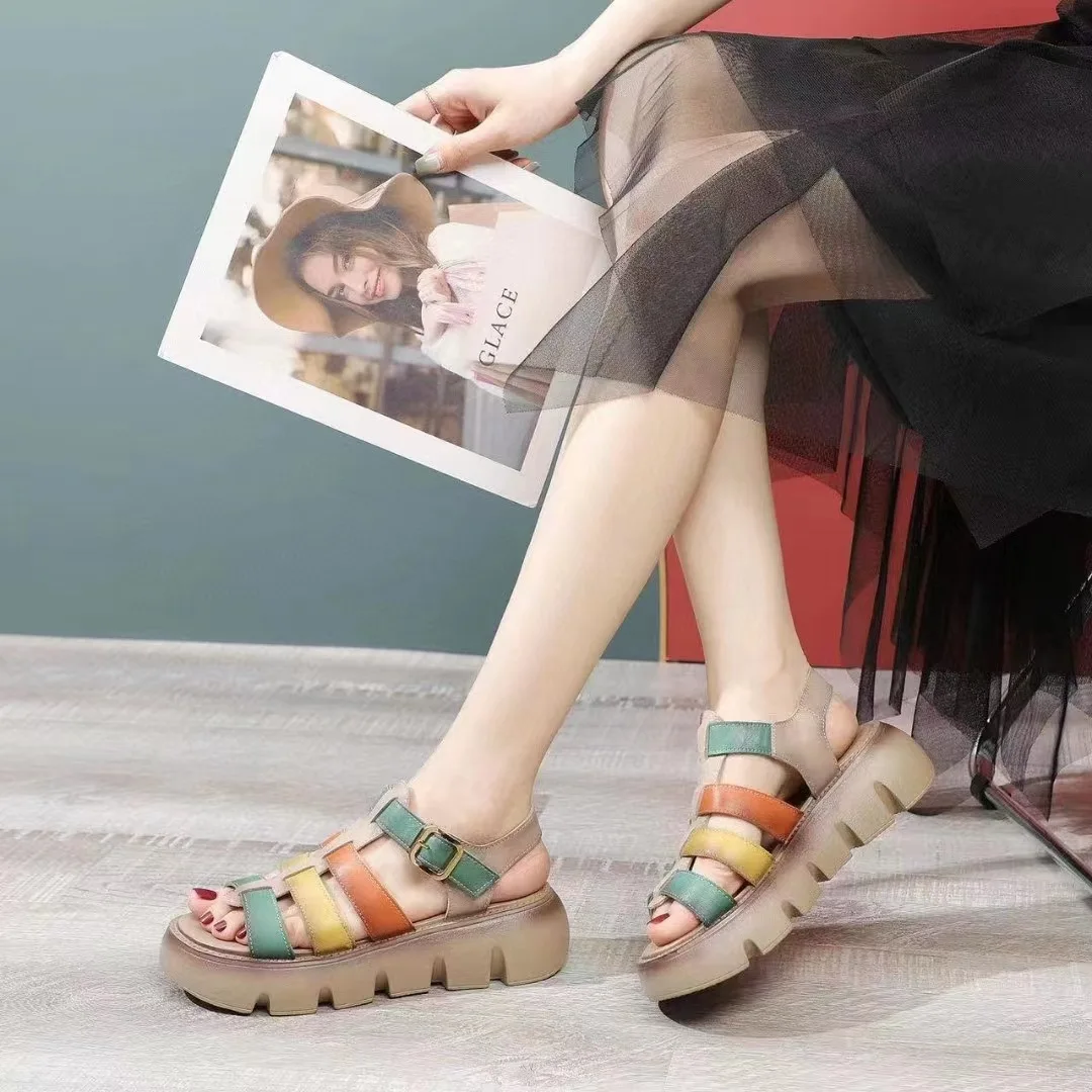 2022 Handmade Weave Genuine Leather Platform Sandals Women Summer Flat Gladiator Sandals Comfort Thick Bottom Shoes beach Sandal