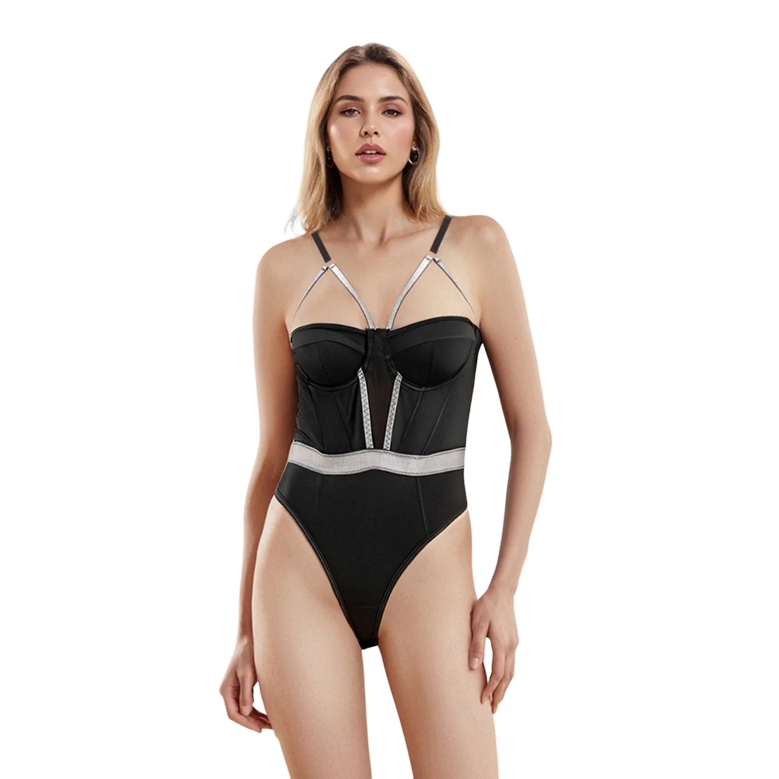

Women s Erotic Naughty Lingerie Sleeveless Contrast Color Sparkling Hollow Out Cami Bodysuit