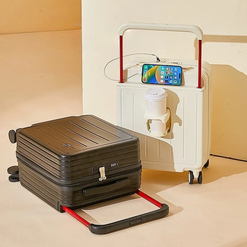 กระเป๋าเดินทางแบบกว้างพร้อมที่วางแก้ว USB 18 นิ้วใหม่กระเป๋าเดินทางแบบไม่จํากัดเพศการเดินทางในห้องโดยสารกระเป๋าเดินทางรถเข็นกรณี