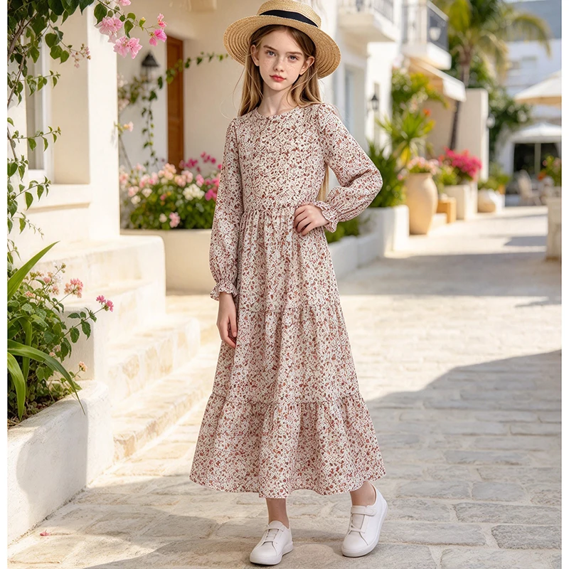 Kids Dress For Girls Beige Pattern Long-Sleeved Dress Classic Design Brief Gentle And Generous Style Children Birthday Clothes