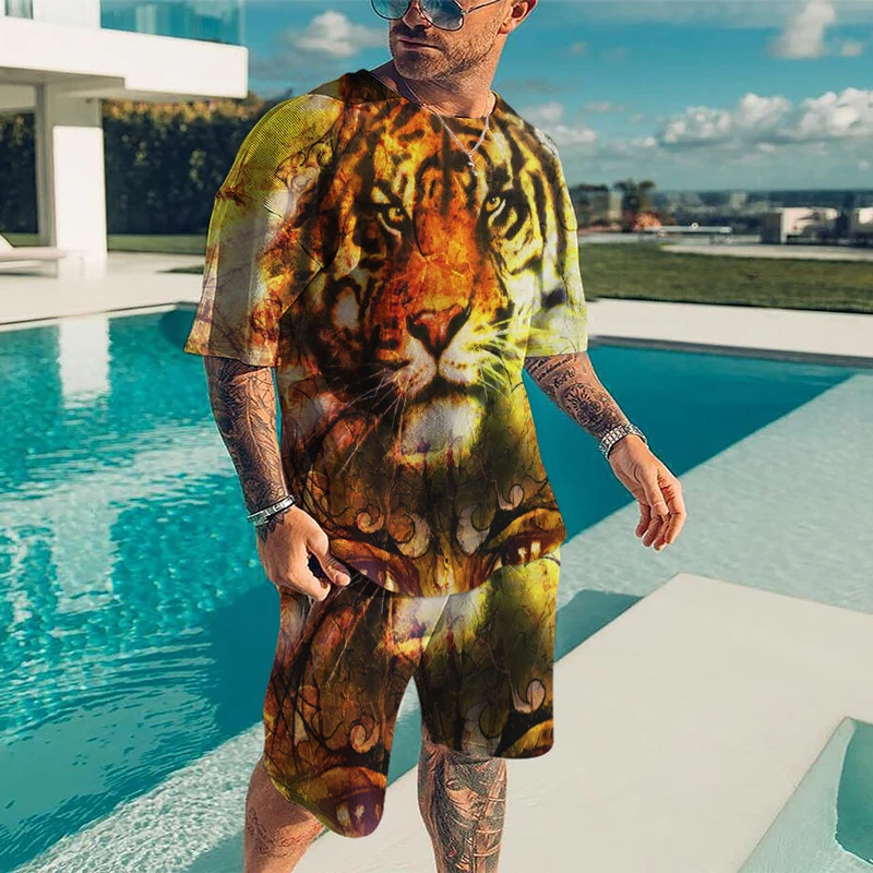 Mens Tracksuit Wolf + Lion Sets Sports Jogging T Shirt 3D Printed O-Neck Suits Fashion Casual Breathable Outfits Summer Tee