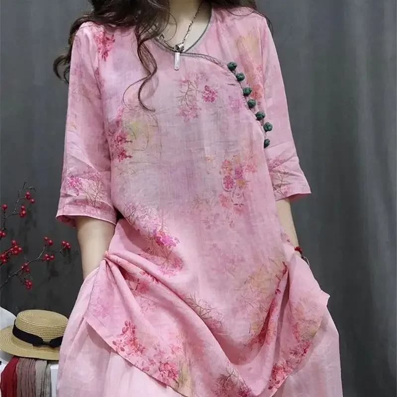 Chemisier à fleurs rose à col rond pour femmes, chemises Ramie, demi-manche, décontracté, mode estivale, niche, nouveau