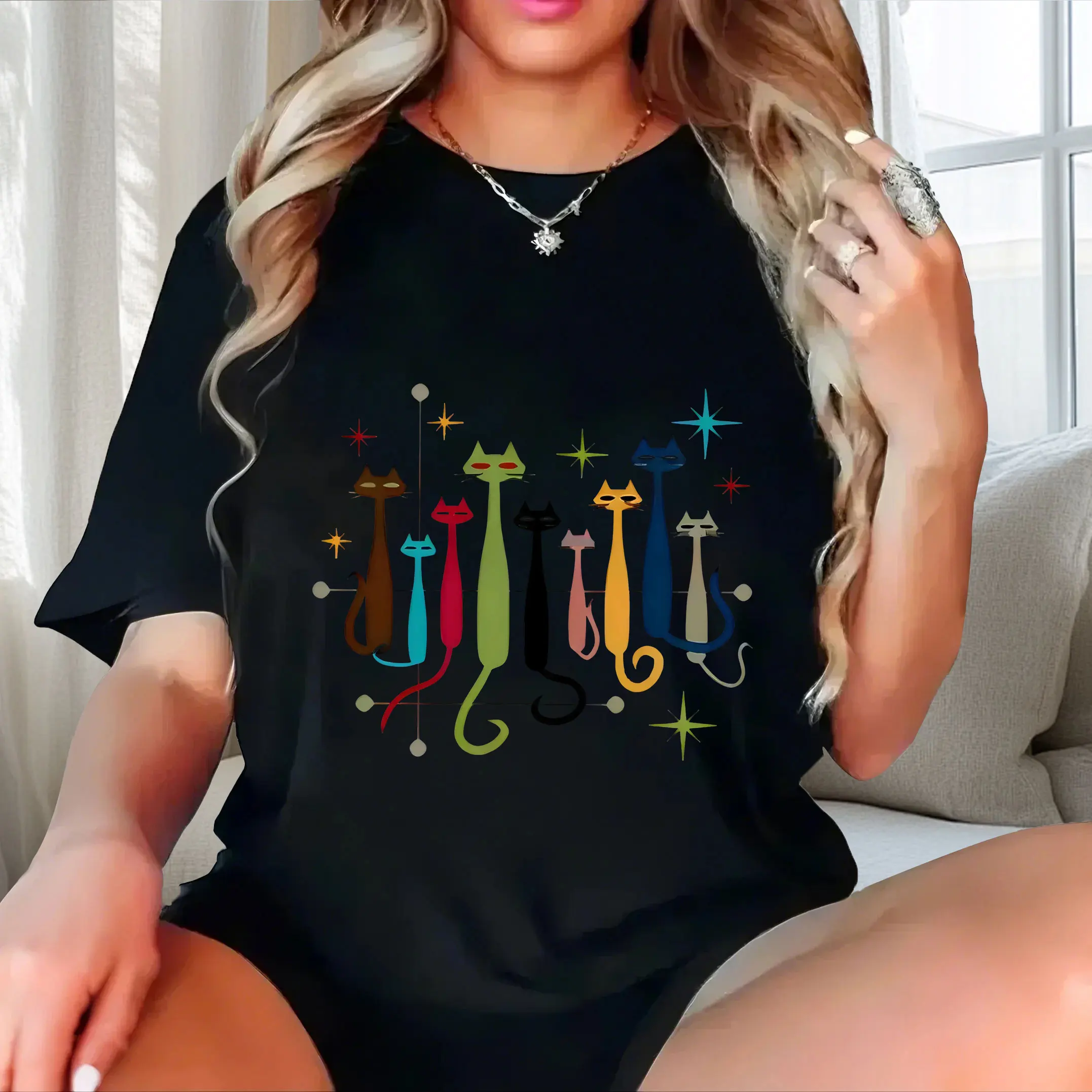 

Cat print personalized trend plus size Ladies' casual short sleeved T-shirt black