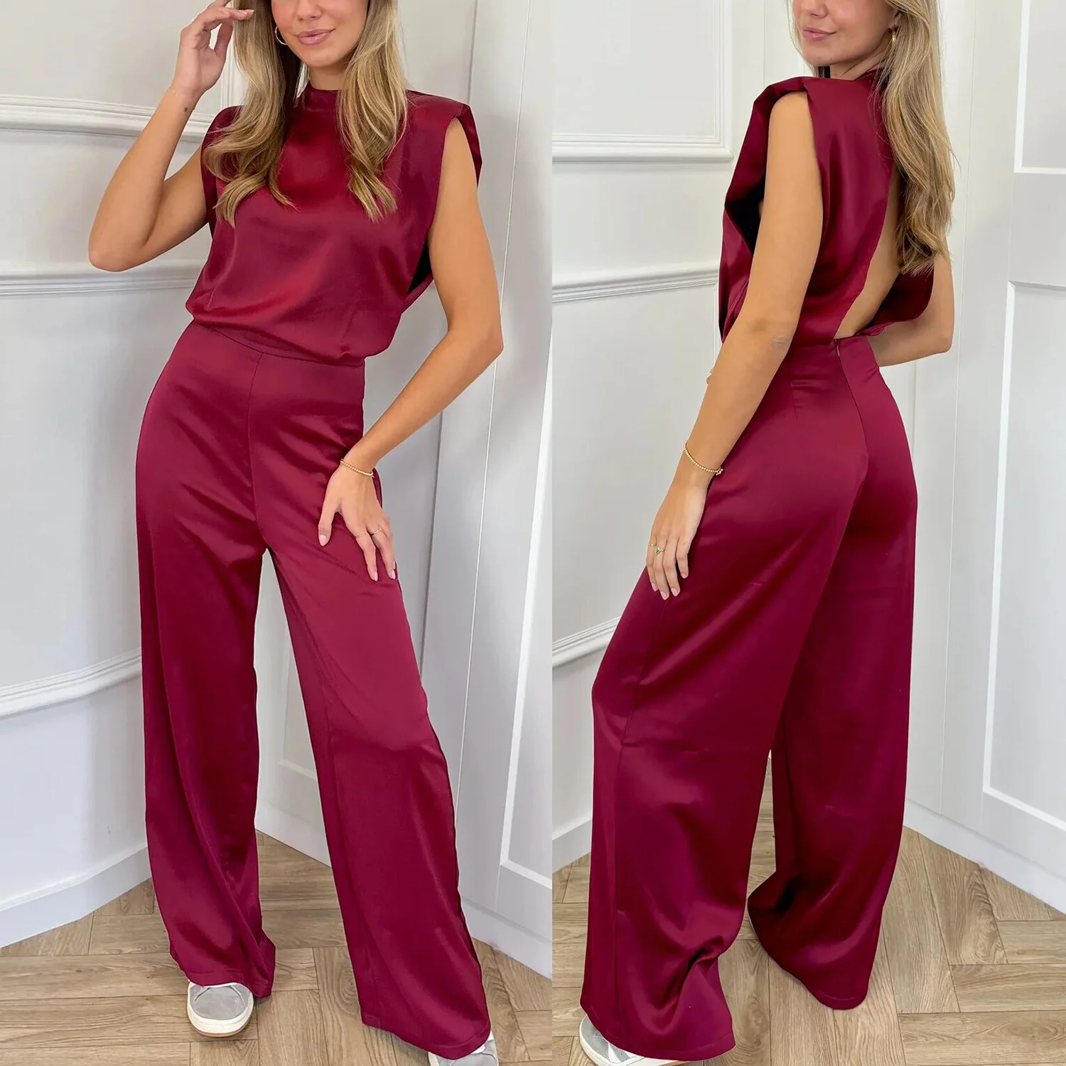 

2025 summer new women's solid color stand up collar sleeveless loose satin backless wide leg jumpsuit