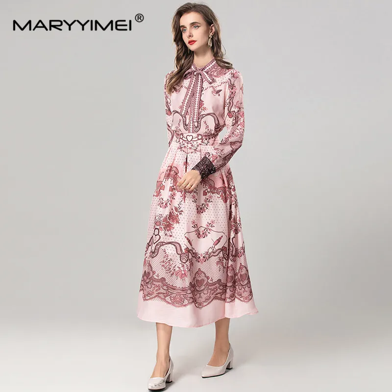 MARYYIMEI Autumn and Winter Women's Suit Scarf Collar Long-Sleeved Single-Breasted Tops+Casual Skirt Vintage Print 2 piece set