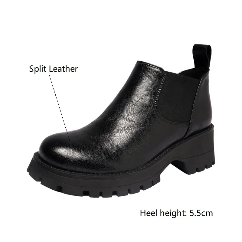 Autumn Split Leather Ankle Boots Women Round Toe Chunky Heel Platform Boots for Women Winter Short Boots Concise Women Boots