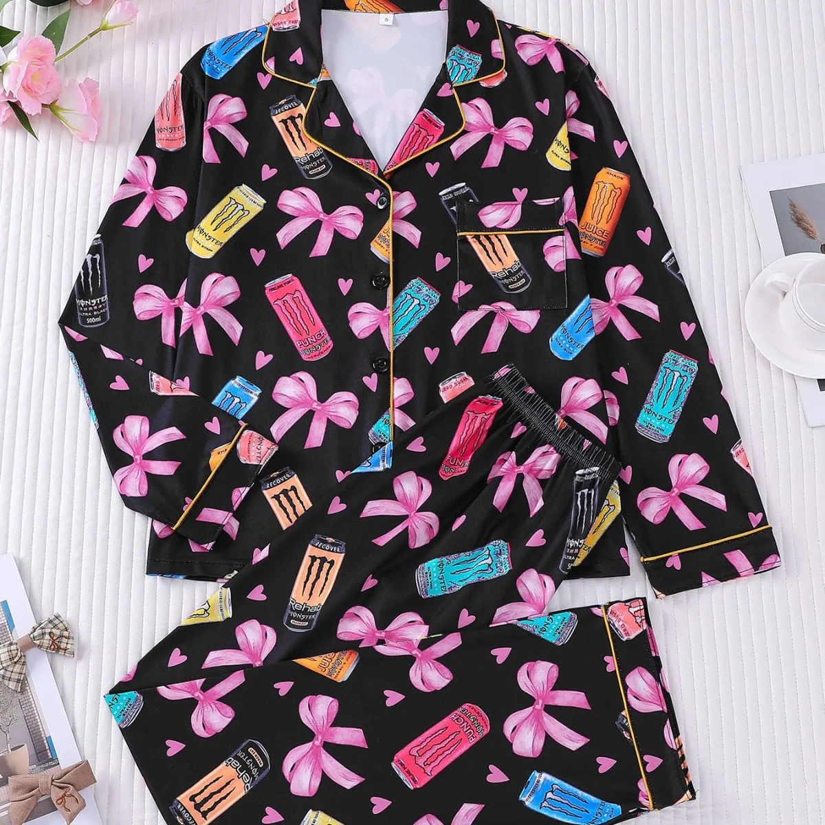 

Women Spring Summer Casual Pajamas Set Long Sleeve Lapel Bow All-over Print Shirt Tops + Pants Loose Homewear Female Loungewear