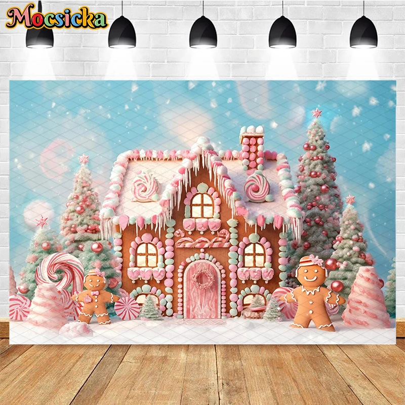 Christmas Gingerbread House Backdrop Photography Winter Xmas Tree Candy Decor Cake Smash Kids Portrait Photo Background Studio