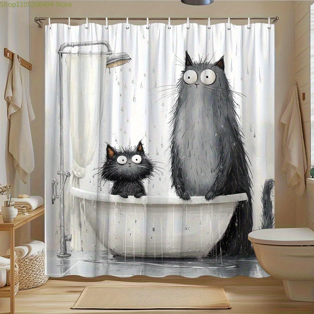

1pc Cat Pattern Shower Curtain Bathroom Curtain Digital Print High-End Elegant Retro Decorative Design No-Hole-Punching Extra