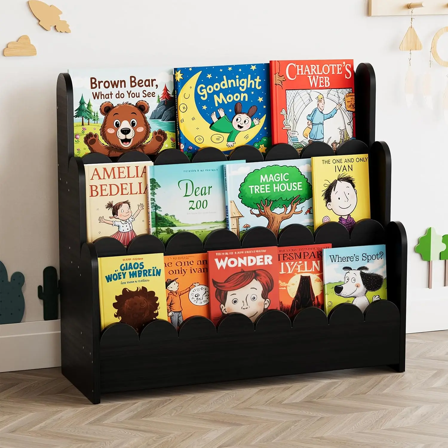 

3 Tier Scalloped Bookshelf Montessori Bookcase for Toddlers Wooden Book Shelf Organizer Display Furniture for Kids Playroom