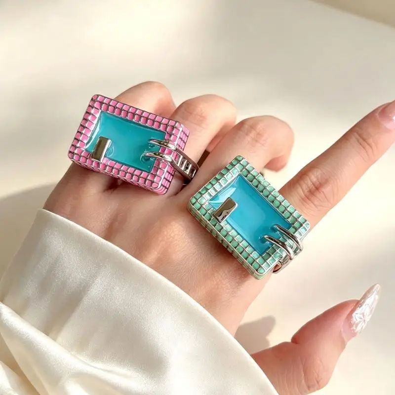 Mini Swimming Pool Shape Ring Enamel Grid Square Finger Ring Sweet Cool Y2K Exaggerated Girl Ring Party Fashion Jewelry Gift