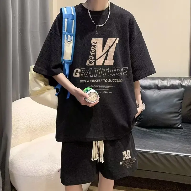 Summer Oversized Men's Set Trendy Printed T-shirts and Shorts Waffle 2-piece Set Men Clothing Factory Direct Wholesale Price New