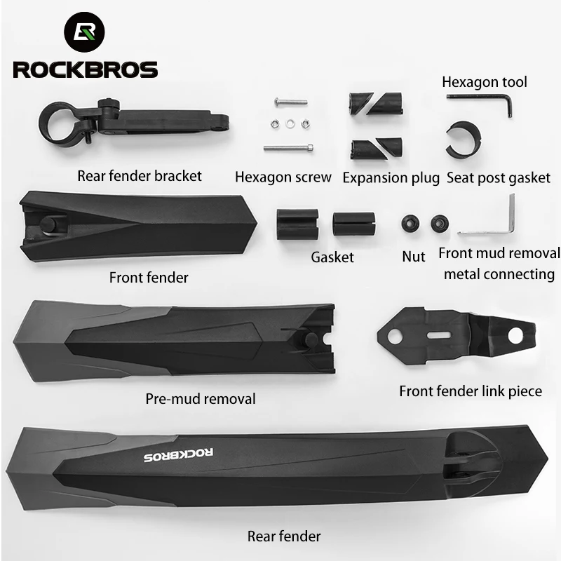 ROCKBROS Bike Mudguard Soft Rubber Widening Adjustable Rear Front Tail Bike Fender Bike Part MTB Mudguard Bike Accessories