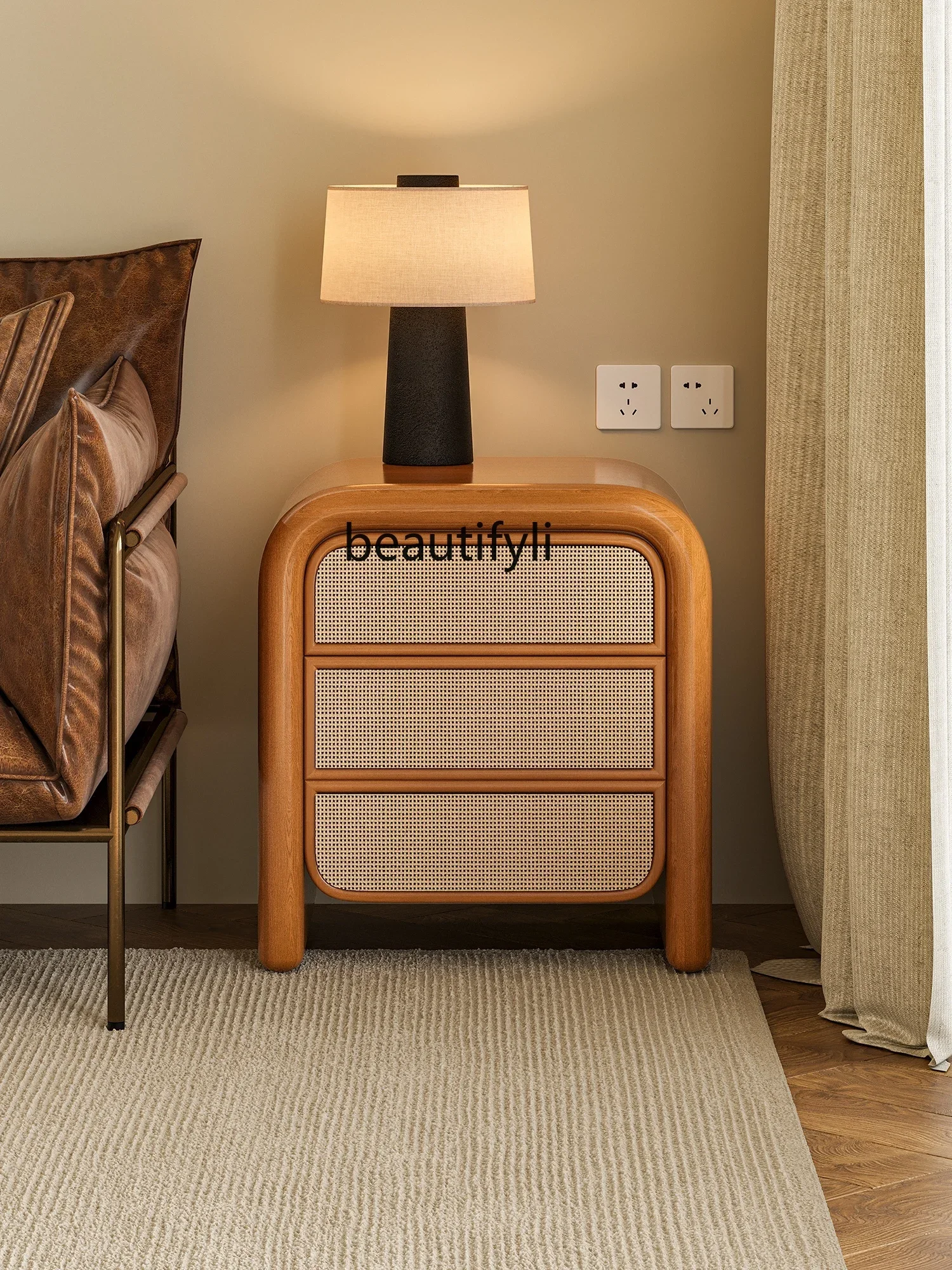 

zxqzxqJapanese Style Retro Mini Solid Wood Bedside Cabinet Simple Bedroom Rattan Small Cabinet Storage Storage Bed Side Cabinet