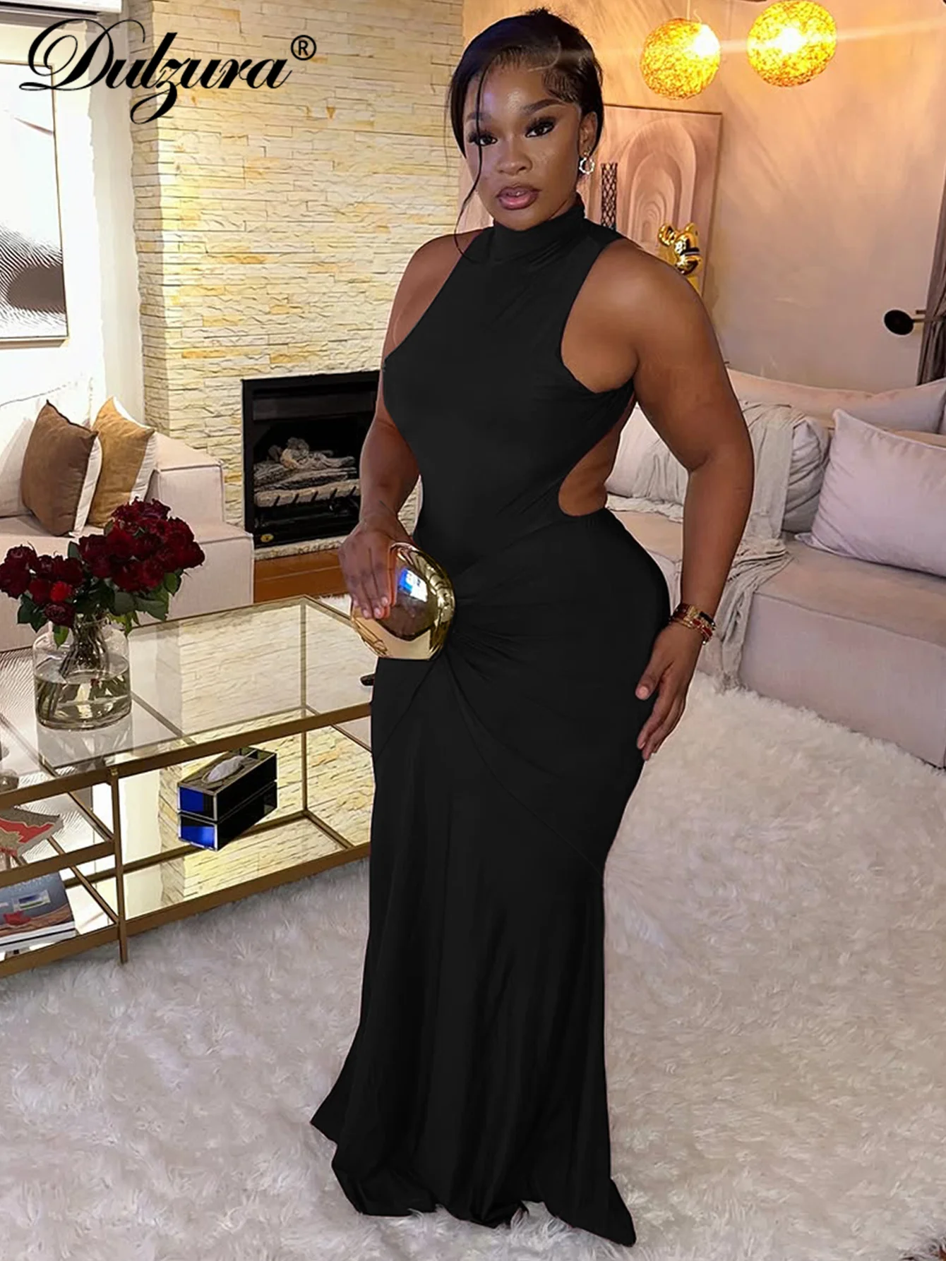 Dulzura O-hals Mouwloos Backless Bodycon Ruches Metalen Maxi Jurk Sexy Elegante Casual Lange Jurk Party Clubwear Zomerkleding
