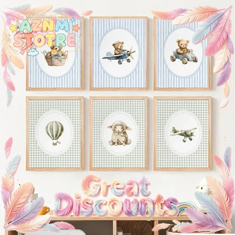 （2D Tin painting）Vintage Hot Air Balloon Baby Sheep Cow Teddy Bear Plane Poster Canvas Painting Print Wall Art Sage Green for